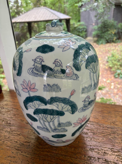 Sweetest 13” lidded ginger jar featuring pastels and a frog finial!