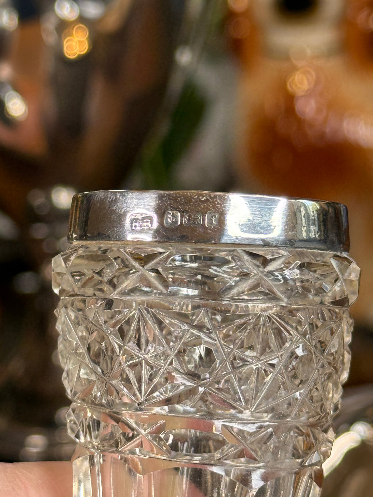 Antique Victorian Henry Bourne Cut Crystal Drinking Horn/ Bud Vase W/Sterling Silver Mounts, Birmingham England, c. 1890–1905 – 6.5”