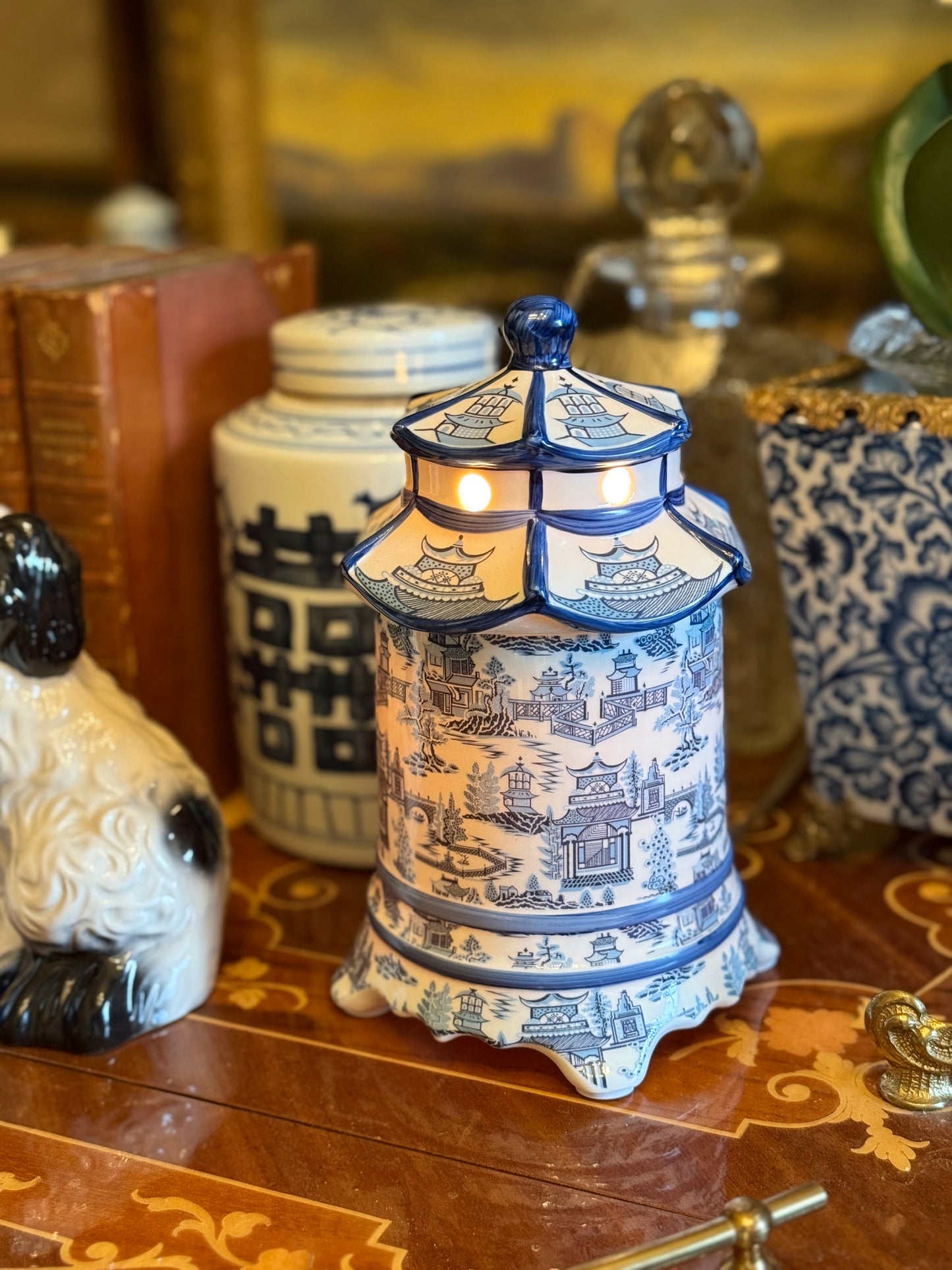 Danny’s Fine Porcelain: Blue & White Pagoda Lidded Lamp: 4.5L X 4.5W X 8H