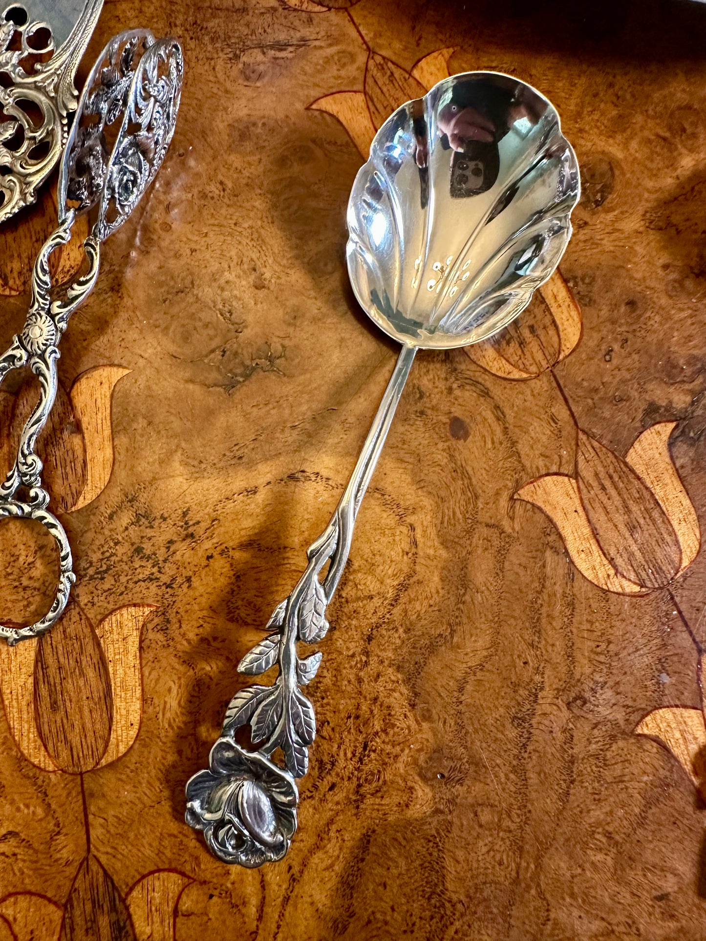 Antique Swedish 830 Silver Rose-Handled Serving Spoon | Hallmarked Stockholm Assay, Early 20th Century