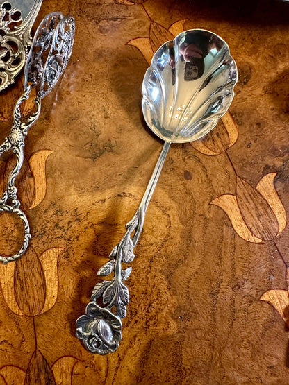 Antique Swedish 830 Silver Rose-Handled Serving Spoon | Hallmarked Stockholm Assay, Early 20th Century