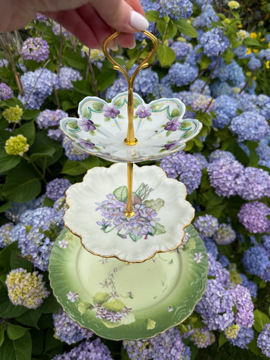 RESERVED - THERESA- Vintage Green Hydrangea 3 Tier Plate Stand