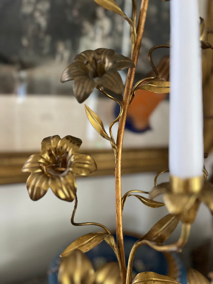 Antique French Tole Three-Light Gilt Floral Candelabra, Church Alter Style