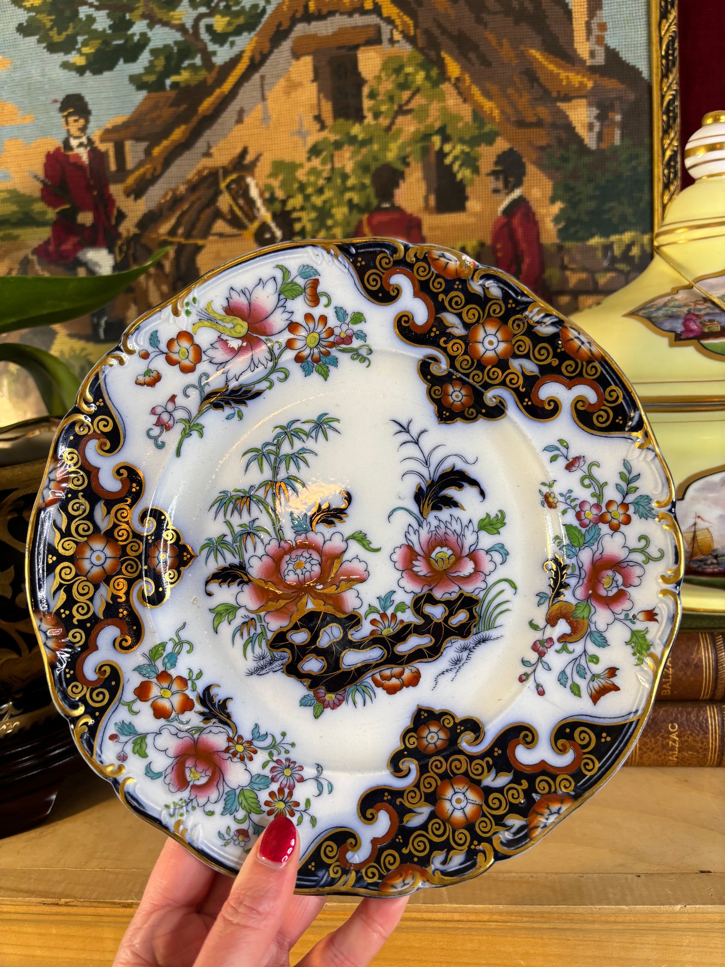 Antique Flow Blue dinner plate in the "Borneo" pattern by Ridgway & Abington!