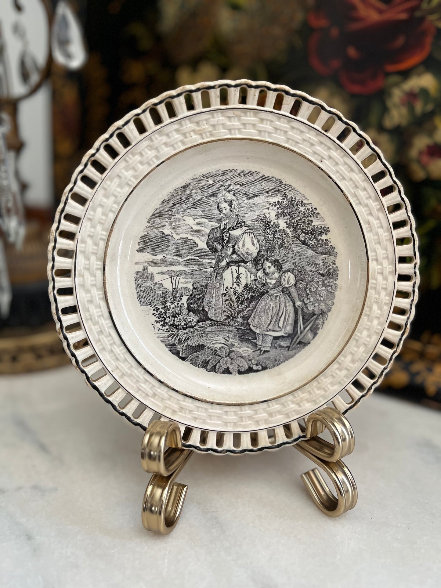 Early 19th Century Staffordshire Transferware Pierced Rim Plates – Romantic Pastoral Scenes – Set of Five, 8”