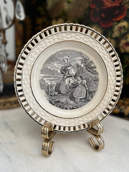 Early 19th Century Staffordshire Transferware Pierced Rim Plates – Romantic Pastoral Scenes – Set of Five, 8”
