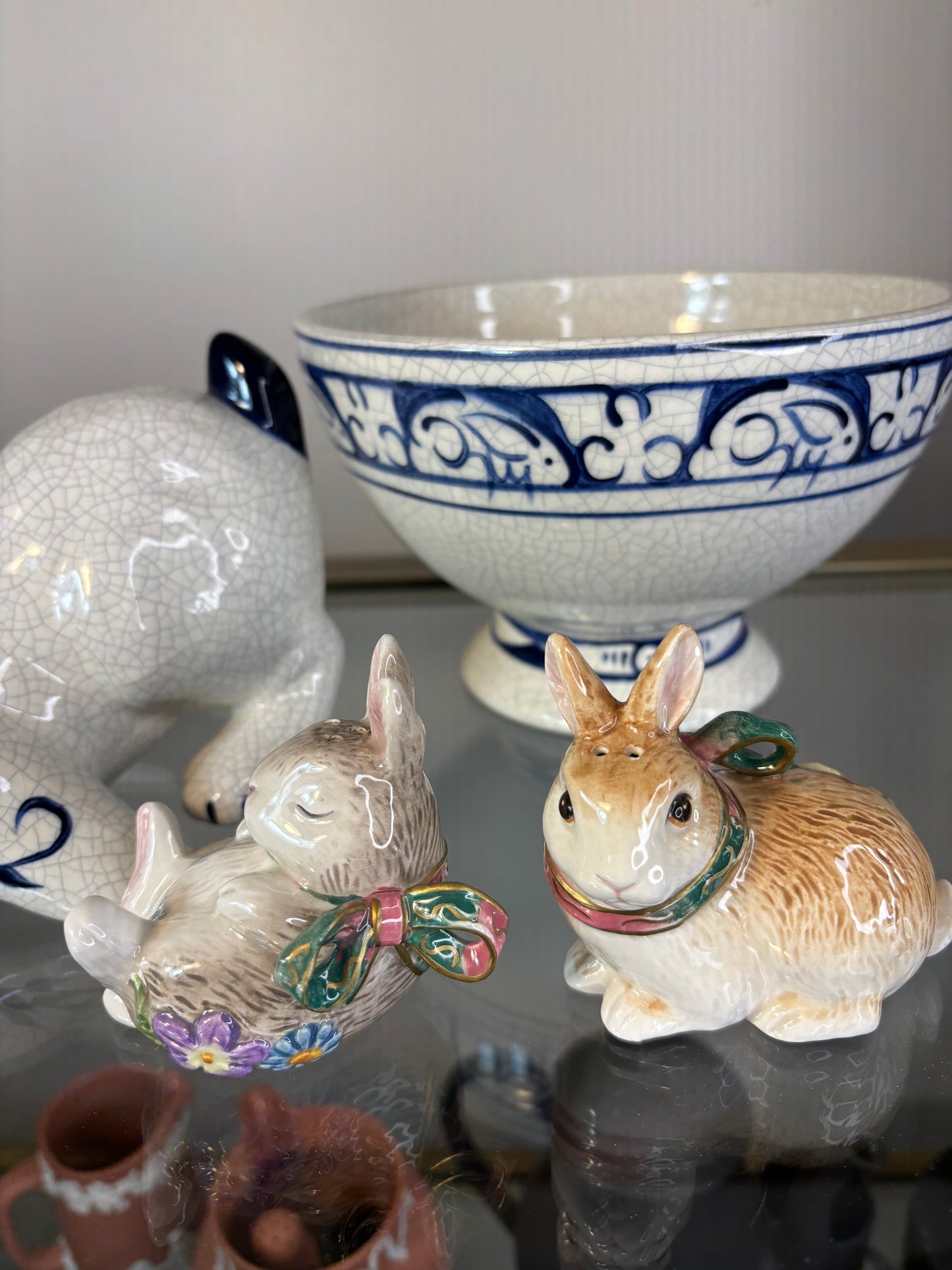 Sweetest Fitz and Floyd bunnies with bows and florals salt and pepper pair!