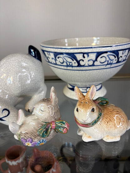 Sweetest Fitz and Floyd bunnies with bows and florals salt and pepper pair!
