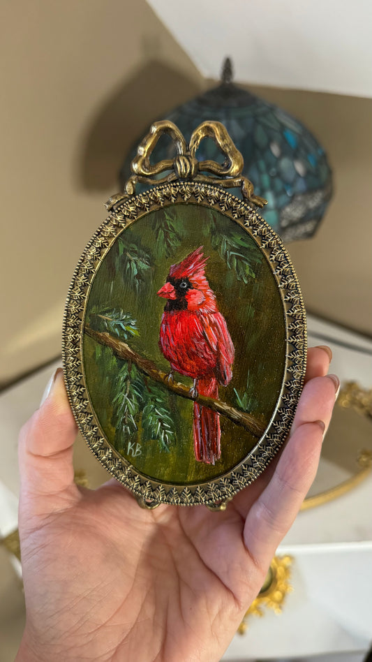 Cardinal bird original oil painting in brass vintage bow frame