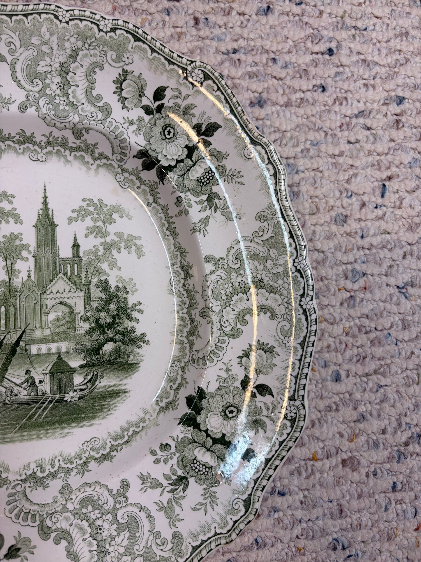 Stunning antique William Adams & Sons "Fountain Scenery" green and white transferware platter with strainer!