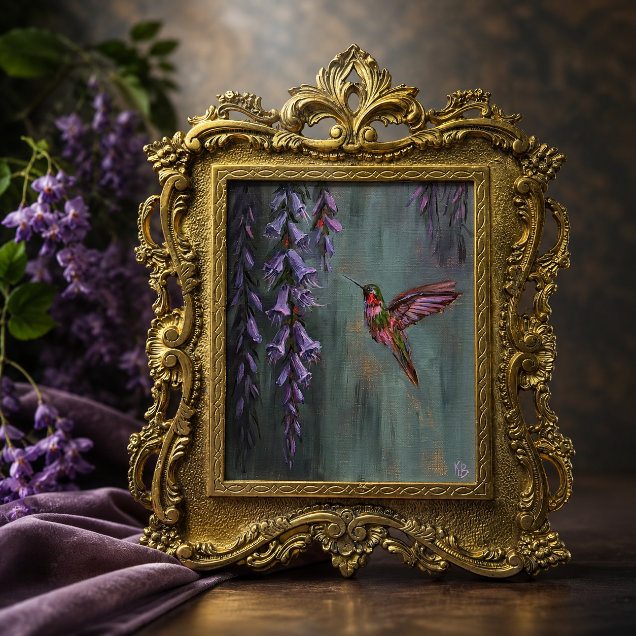 Hummingbird Original oil painting in brass vintage frame 14x11”