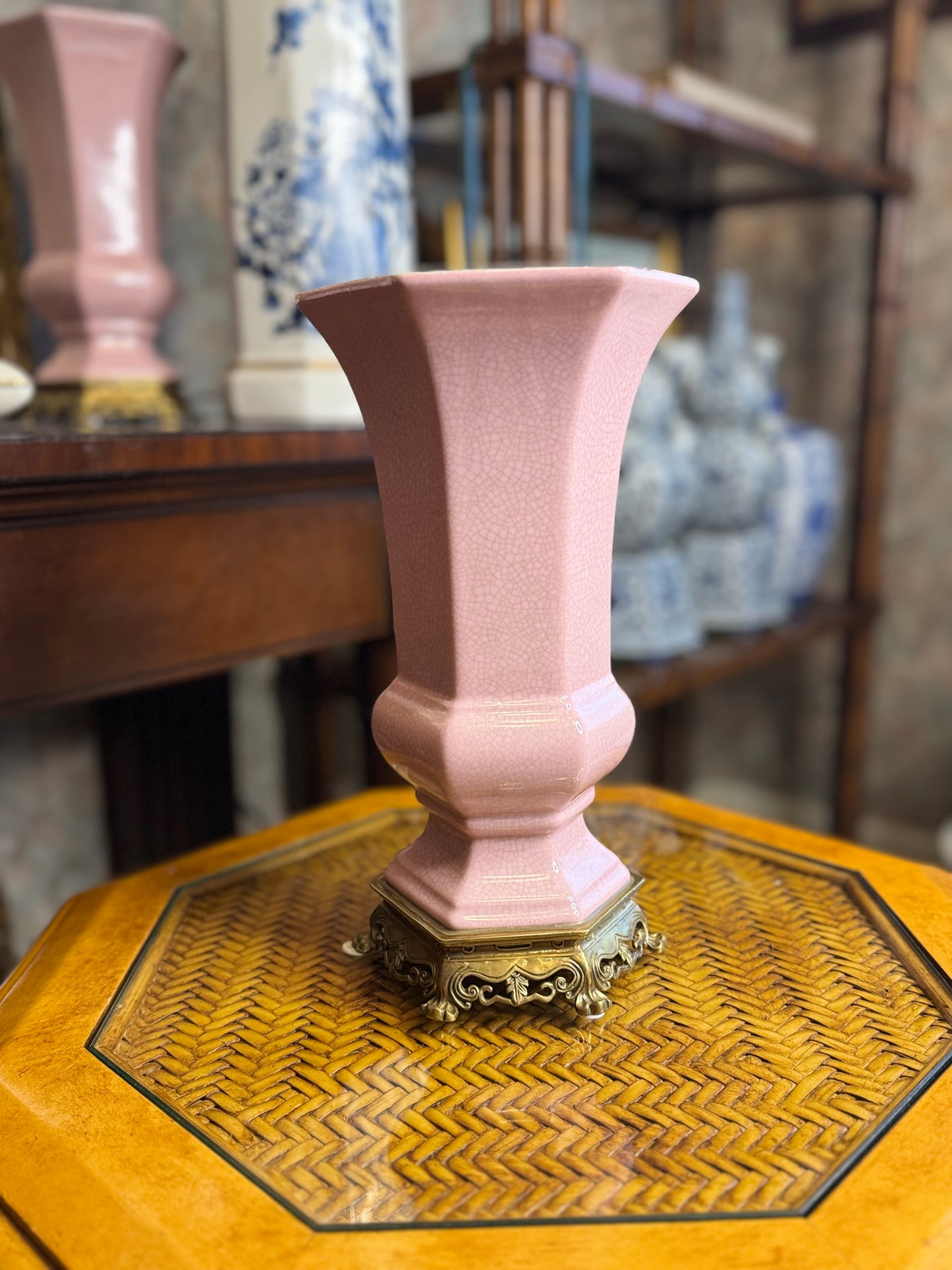 Danny's Fine Porcelain - 12” Tall Pink Hexagonal Porcelain Vase, Bronze Base