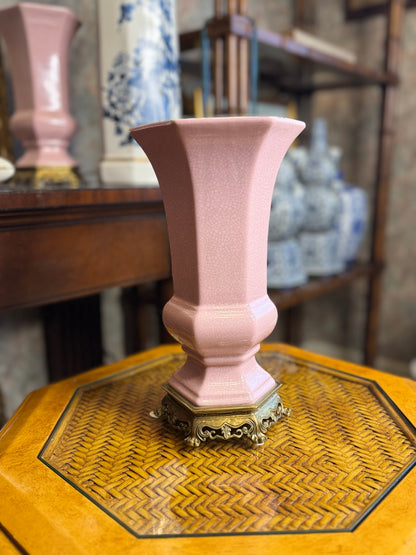 Danny's Fine Porcelain - 12” Tall Pink Hexagonal Porcelain Vase, Bronze Base