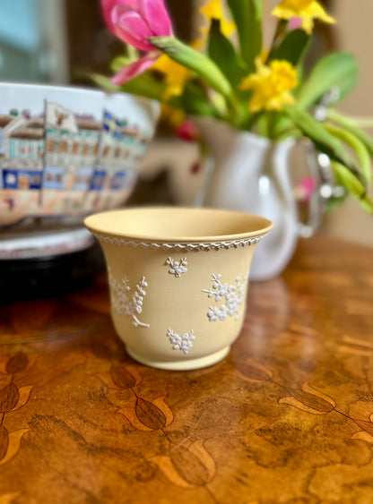 Wedgwood Jasperware Primrose Yellow “Emperor” Cachepot, Prunus Blossom Relief, 1977