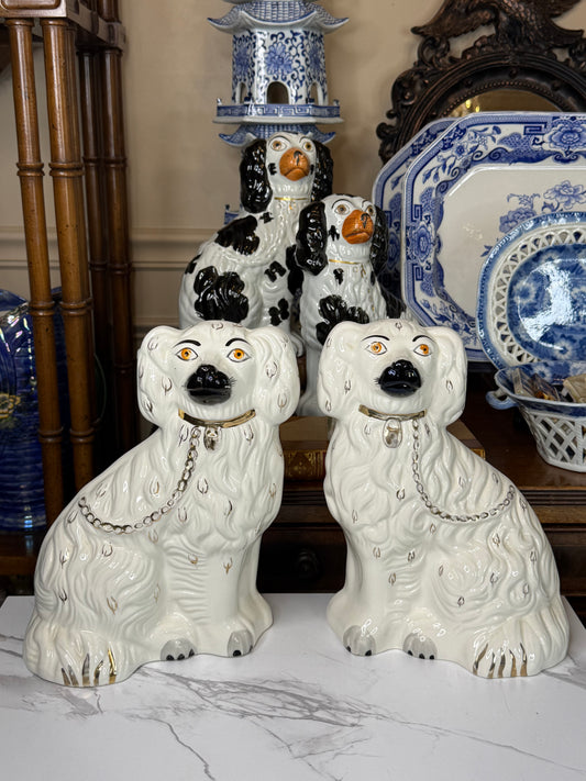 Pair of Beswick England Spaniel Figures | White Glaze with Gilt Collars | 8”