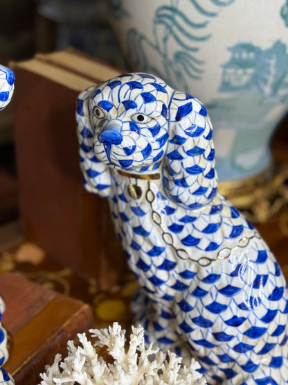 Danny’s Fine Porcelain: Large 16Lx3.5Wx9H Blue & White Spaniel Dog Figure Pair W/ Gold Accent
