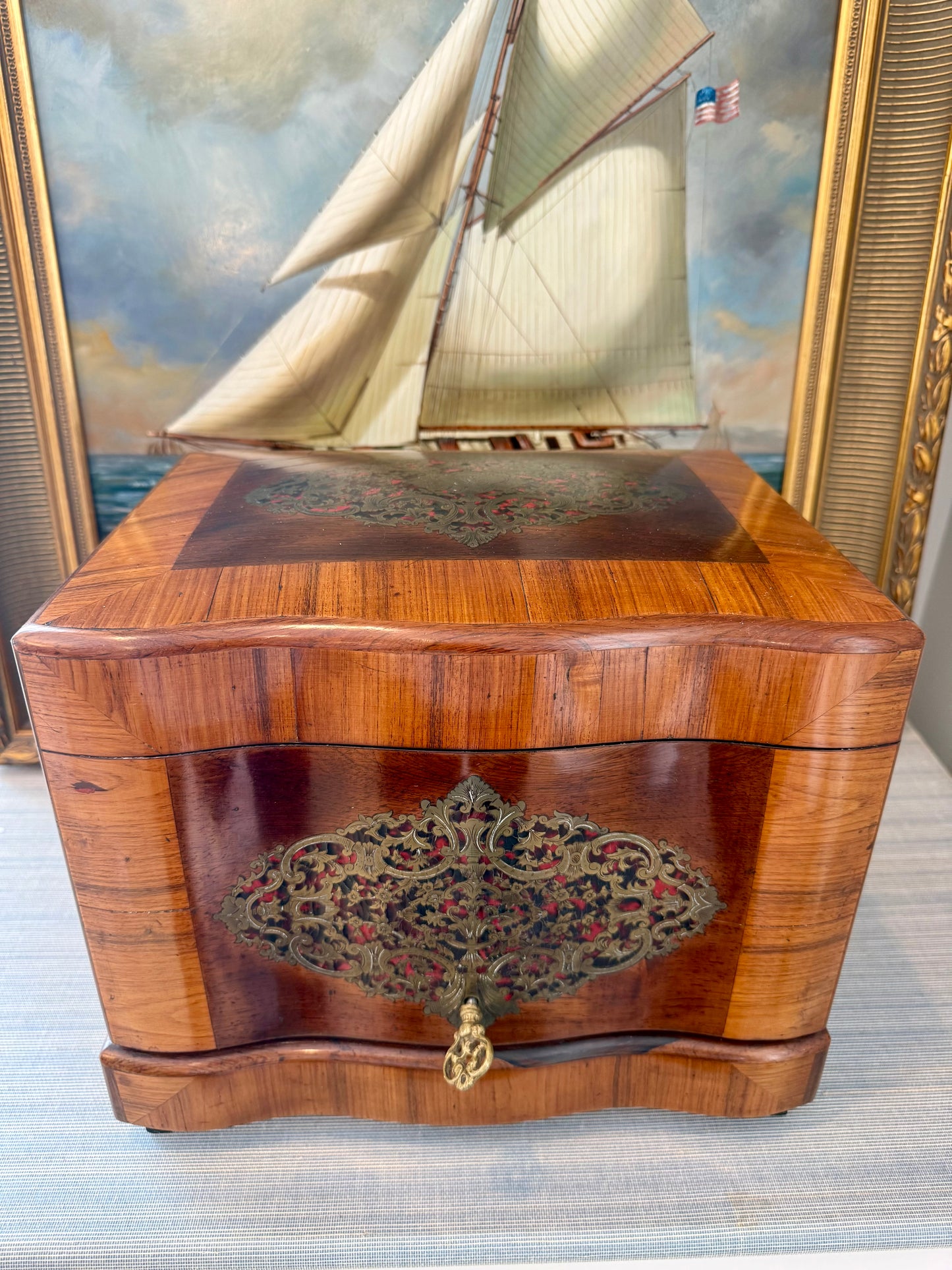 Reserved D (2) - Stunning Antique French Monogrammed Tantalus with 16 Cordials, 4 Decanters & Key