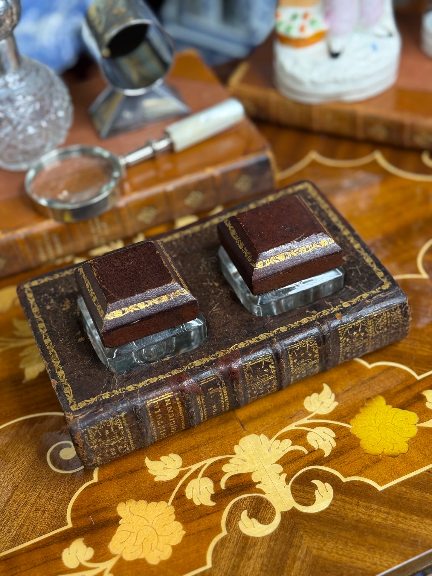 Victorian French Book Double Inkwell – Leather & Gilt, c. 1880, French History