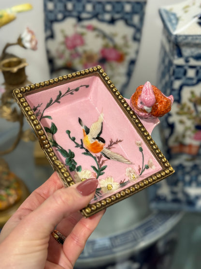Danny's Fine Porcelain - Rectangular Pink Tray With Bird & Bronze Ormolu Details: 5.25X6X3.75” Hand painted