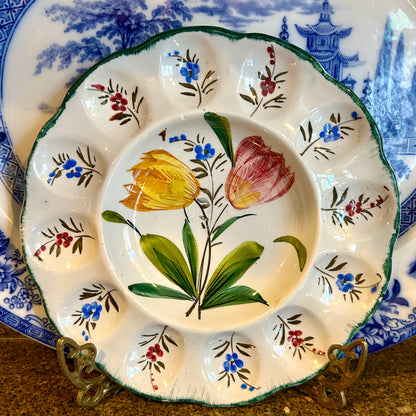 Vintage deviled egg majolica dish. Stamped made in Italy