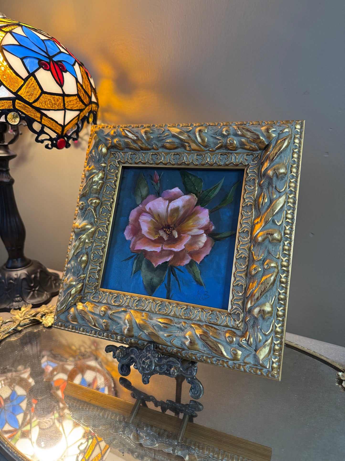 Original oil painting of a pink yellow rose