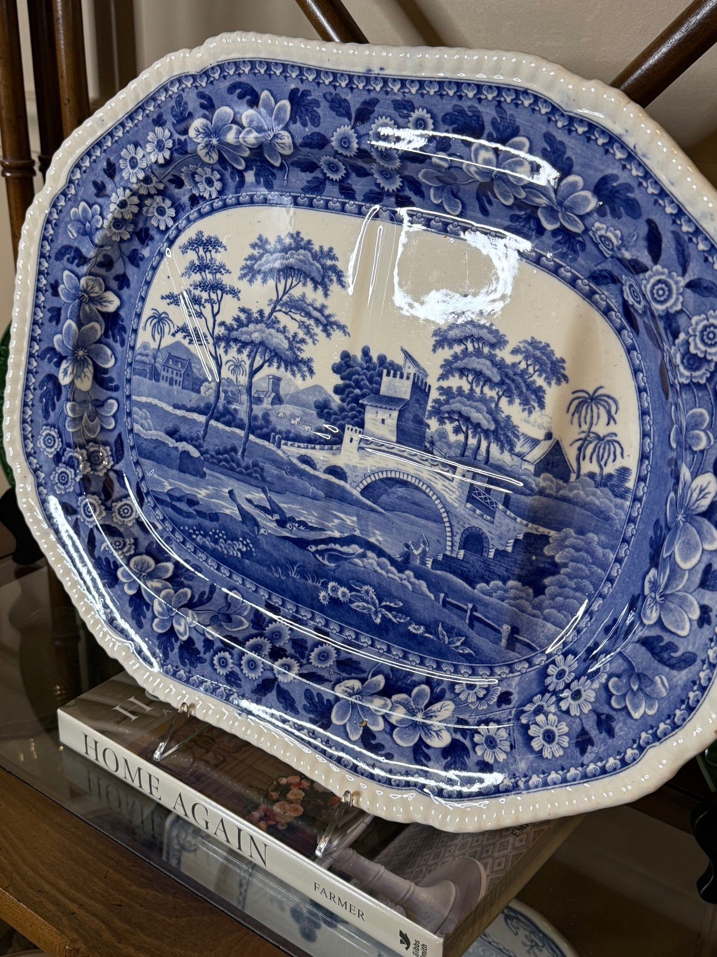 Antique Copeland Spode's Tower Welled Meat Dish | Circa 1900 | 19¼" x 15" Blue Transferware Platter | Style #DA4491