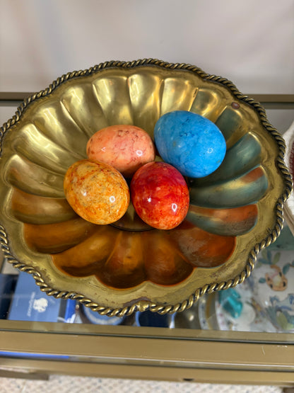 Beautiful brass scalloped pedestal bowl with rope design and intricate base! Includes four alabaster eggs!