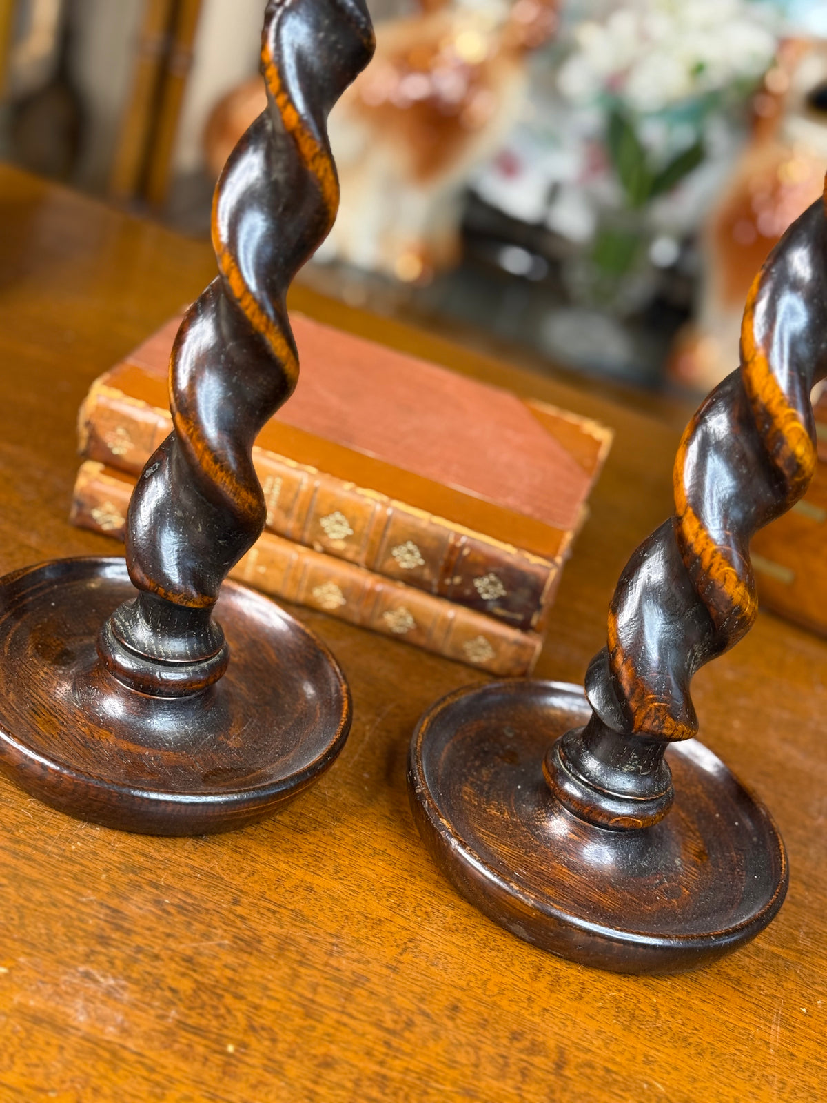 Pair of Antique English Oak Barley Twist Candlesticks with Brass Drip Pans, c. 1900–1920 – 12”H