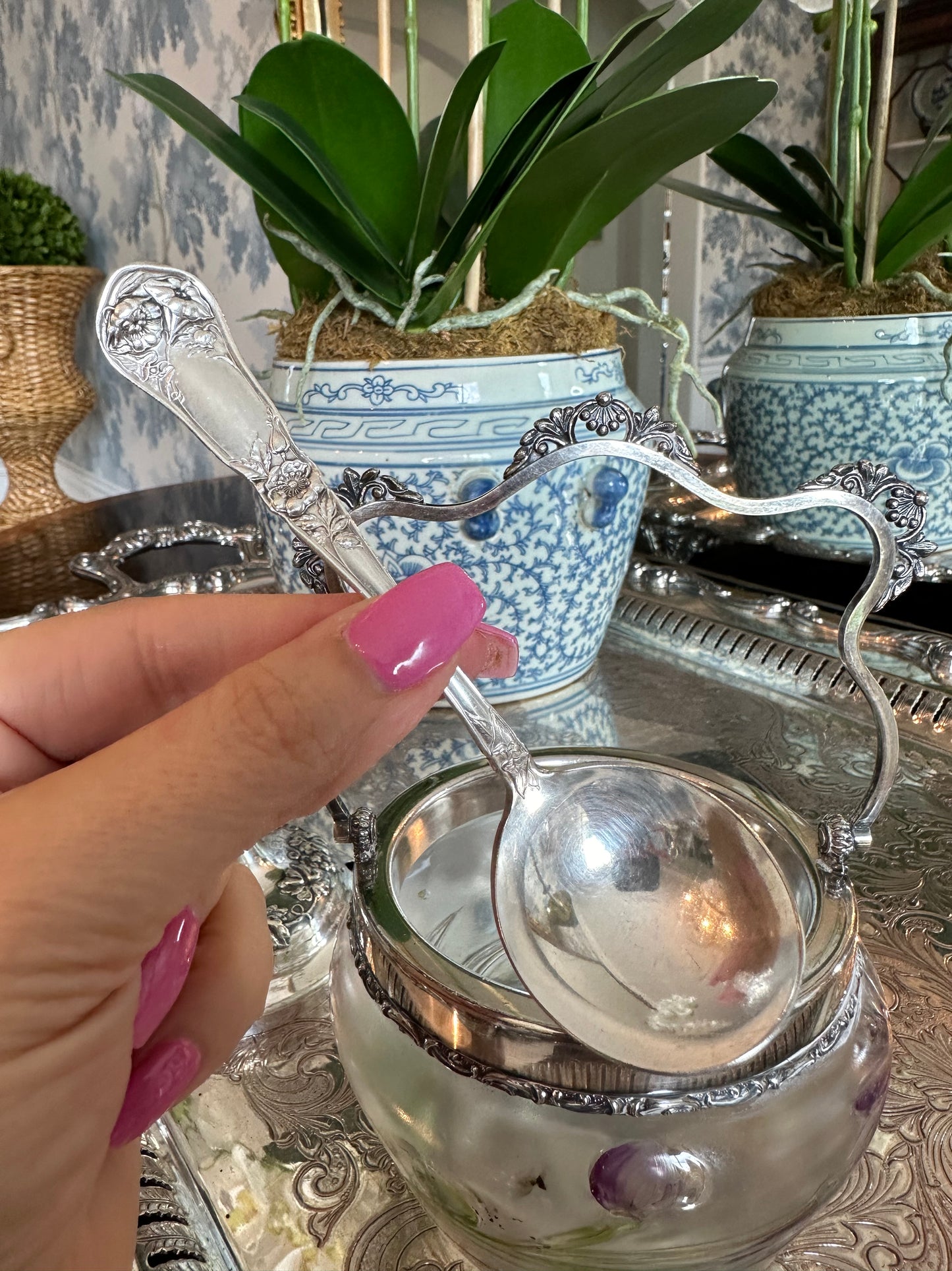 Victorian Silverplate Sugar Bowl w Blown Glass Ornate Design