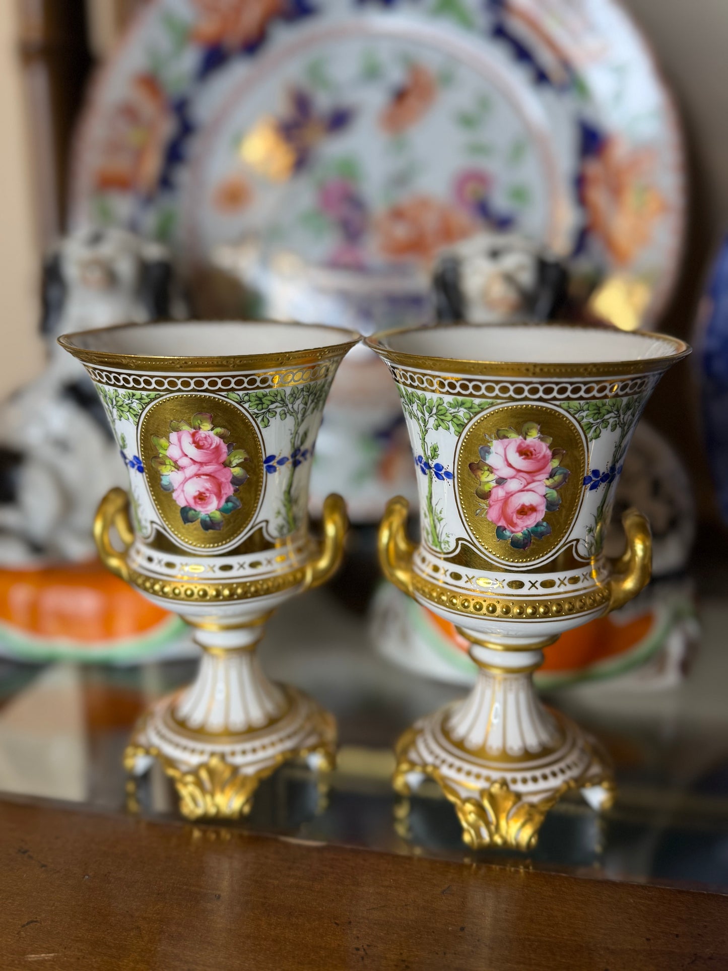 Antique Cir. 1900, Royal Crown Derby Vase Pair W/ Painted Roses, 5” tall, 3”D #DA4445
