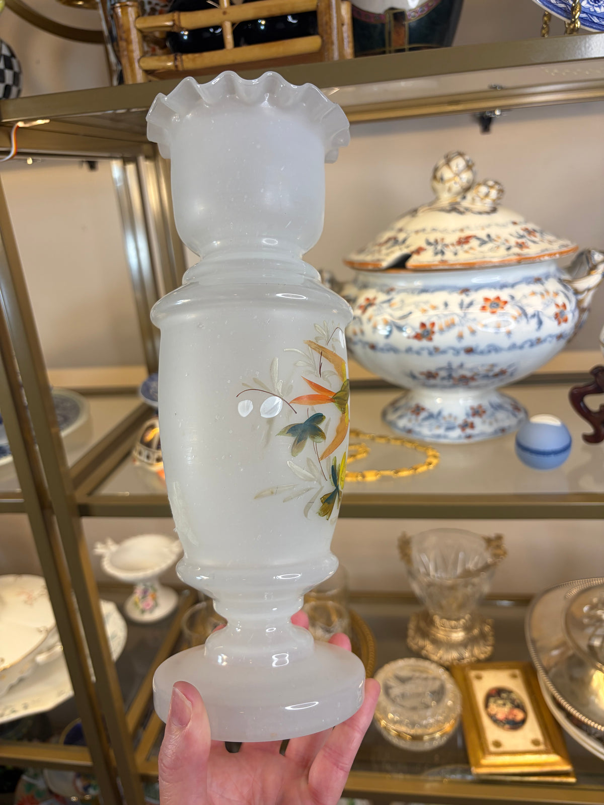 Lovely Bristol glass handpainted vase with bird!