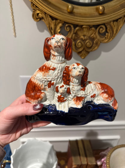Antique Staffordshire Red & White Spaniel Dog Group on Cobalt Base – 8”W x 6”H #DA4229
