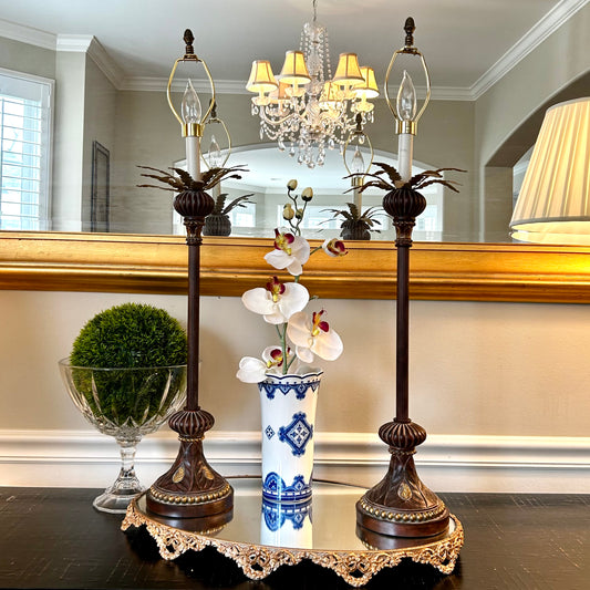 Stunning  statuesque pair of vintage palm & polka dot buffet lamps.