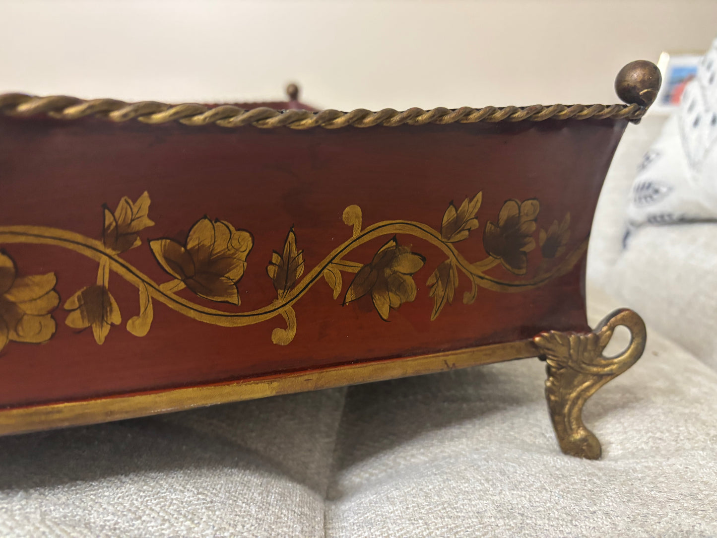 Stunning extra large gallery tole tray with designs and brass feet!