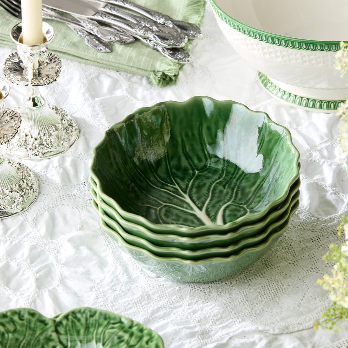Cabbage Leaf Soup Bowl | Green & White Ceramic |  8.5in x 2.75in | 40 oz