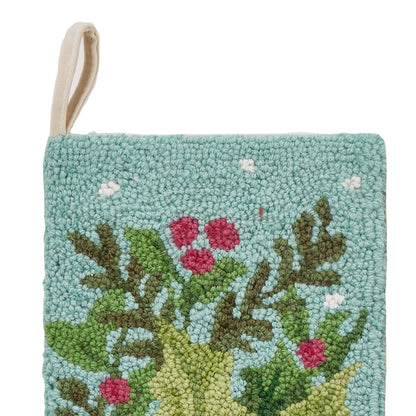 Holly Bow Wool Hook Christmas Stocking | Holiday Mantel Decor | 12" x 20"