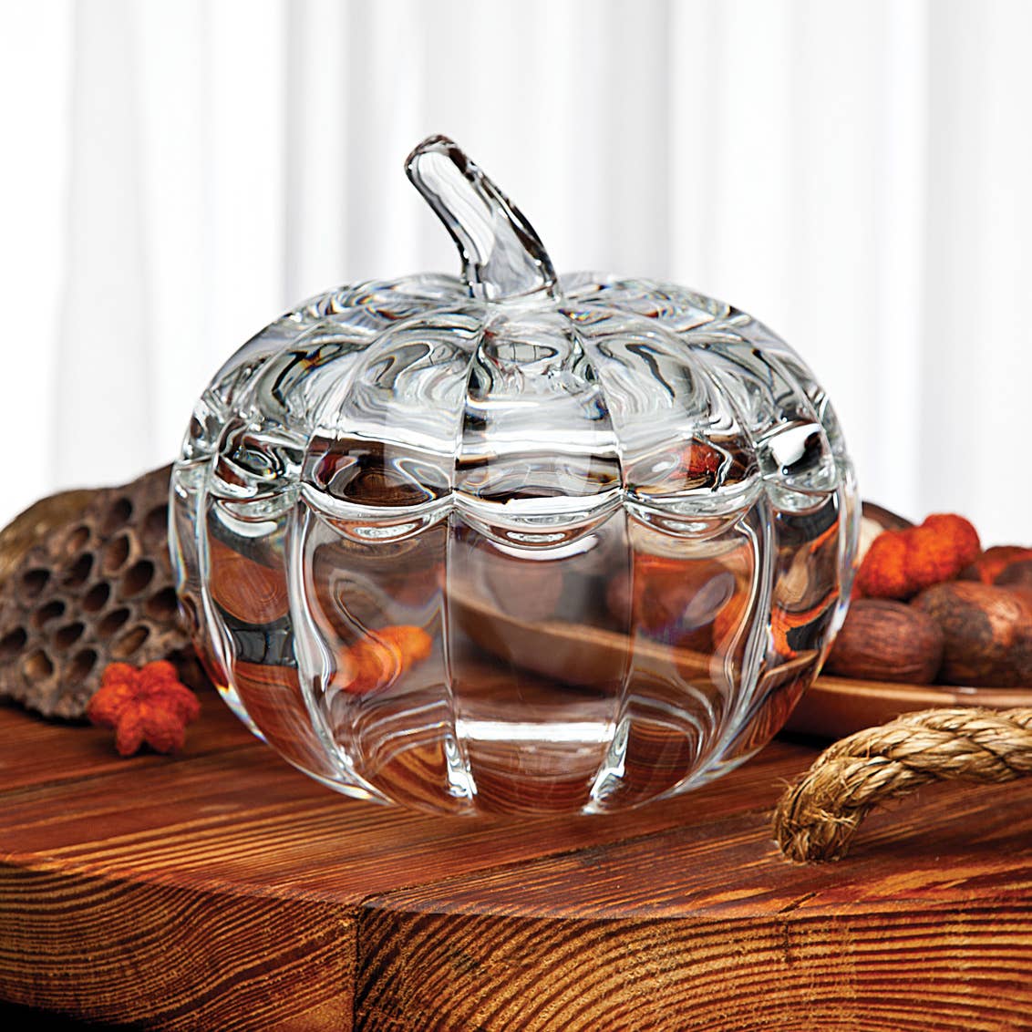 Faceted Crystal Pumpkin Covered Box | Clear Crystal | Fall & Thanksgiving Décor | 7.09” L × 7.09” W × 6.69” H