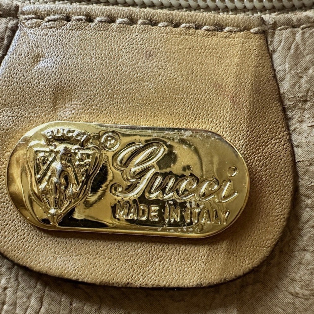 Vintage Gucci Horsebit GG Monogram beige & Brown Leather Trim Crossbody Handbag