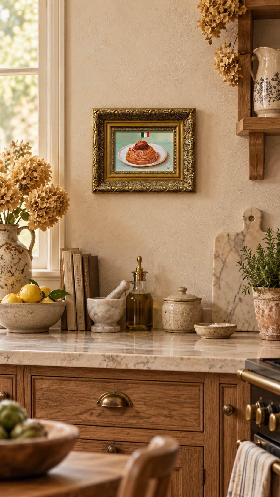 Italian Spaghetti and Meatballs Original Oil Painting Framed Kitchen Wall Art