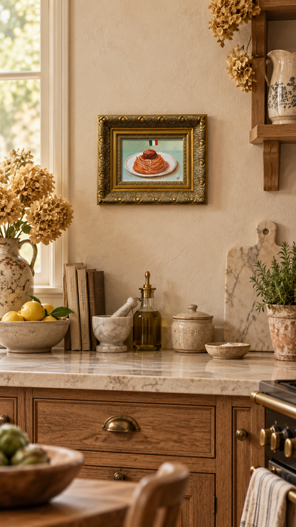 Italian Spaghetti and Meatballs Original Oil Painting Framed Kitchen Wall Art