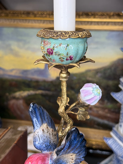 Danny’s Fine Porcelain: 13” Porcelain Bird Candelabra with Bronze Ormolu (Bird Figure Collection)