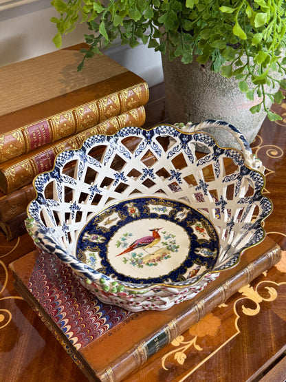 Rare Antique Booths Silicon China “Scale Blue” Exotic Birds Pierced Fruit Basket | 9” x 8”
