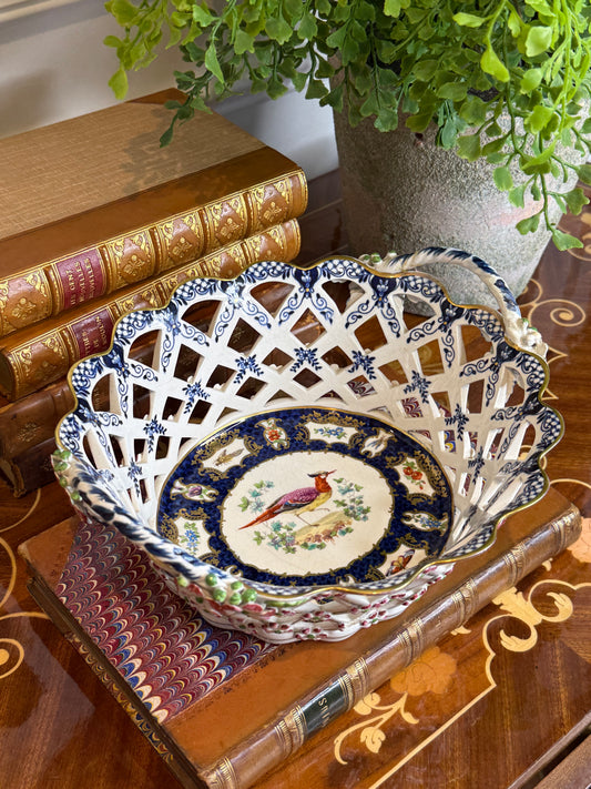 Rare Antique Booths Silicon China “Scale Blue” Exotic Birds Pierced Fruit Basket | 9” x 8”