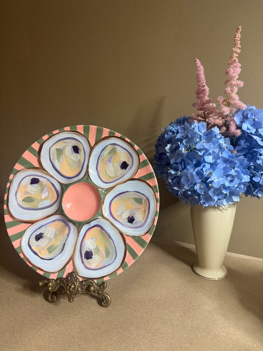 Hand painted pink center with stripes oyster plate 9”