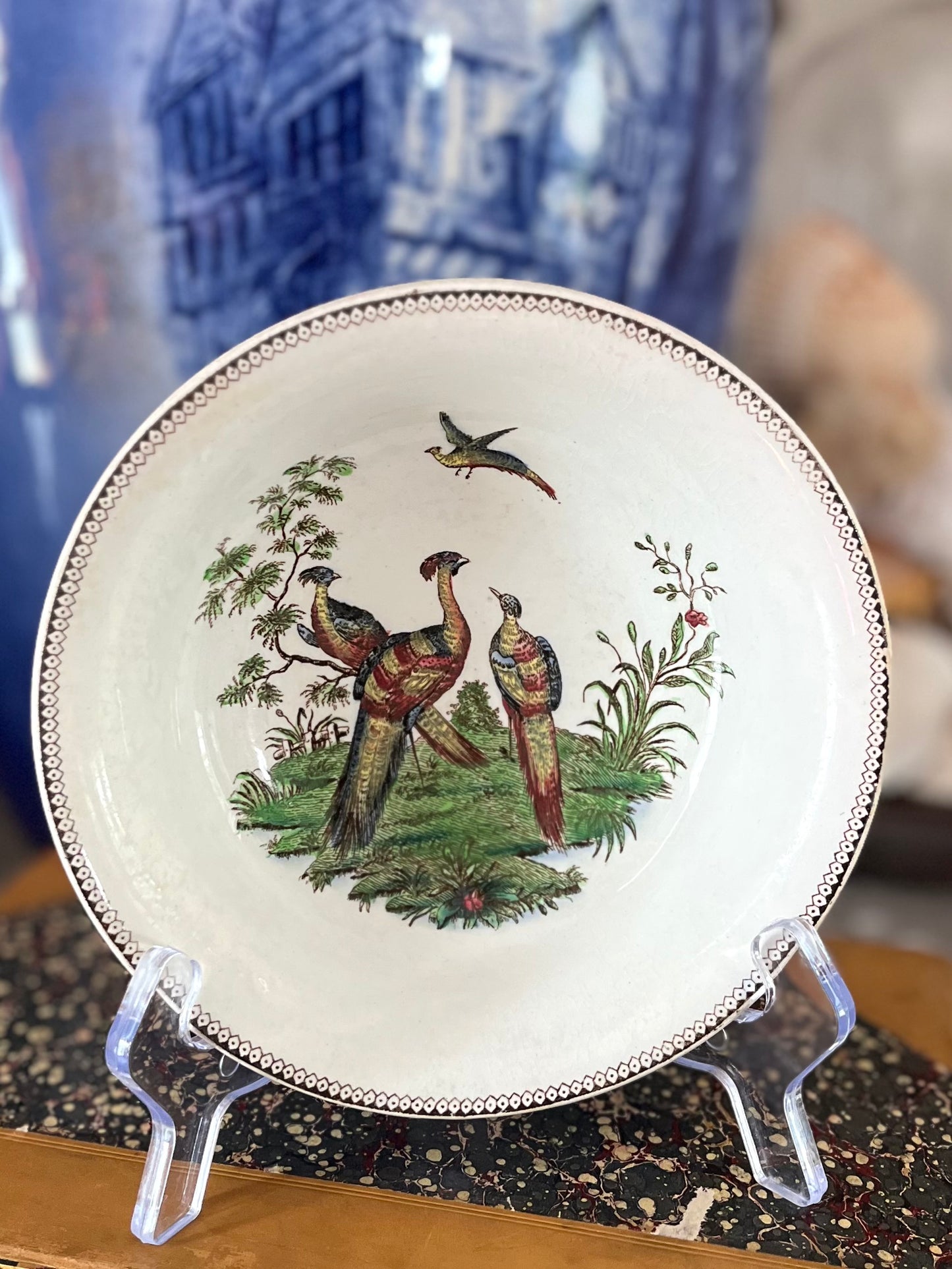 Live 08/25 Antique Wedgwood Etruria Polychrome Pheasant Bird Bowl c. 1913