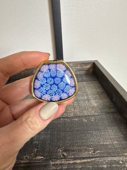 Vintage Murano-Style Millefiori Glass Heart Pill Box – Blue & Pink