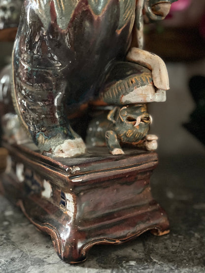 Live 7/7 Substantial Antique Chinese ShiShi Guardian Lion | Glazed Pottery Temple Figure