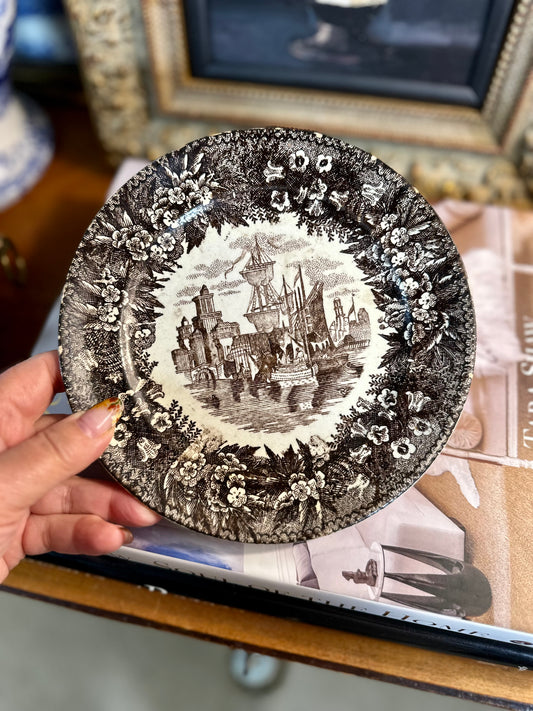 Antique Brown Transferware "FERRARA" Plate by Andrea Galvani, Made in Italy, 7.25"