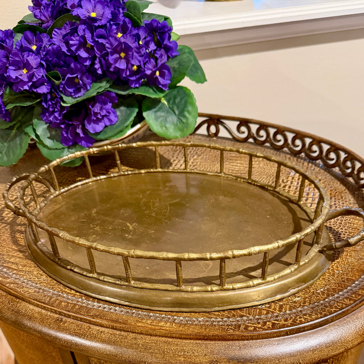 Vintage aged brass faux bamboo oval gallery tray w handles