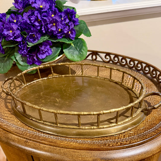 Vintage aged brass faux bamboo oval gallery tray w handles